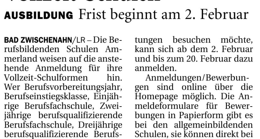 Anmeldung zu Vollzeitschulformen